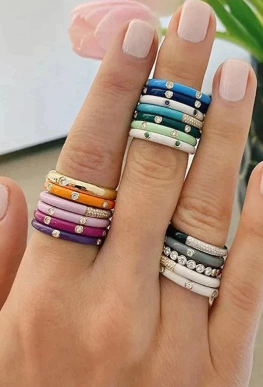 24K Gold plated enamel stacking ring White with stone Little