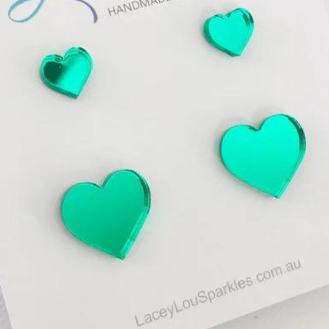 Mum and Me Heart Stud set Green Mirror-Apparel & Accessories-Little Fish Co.
