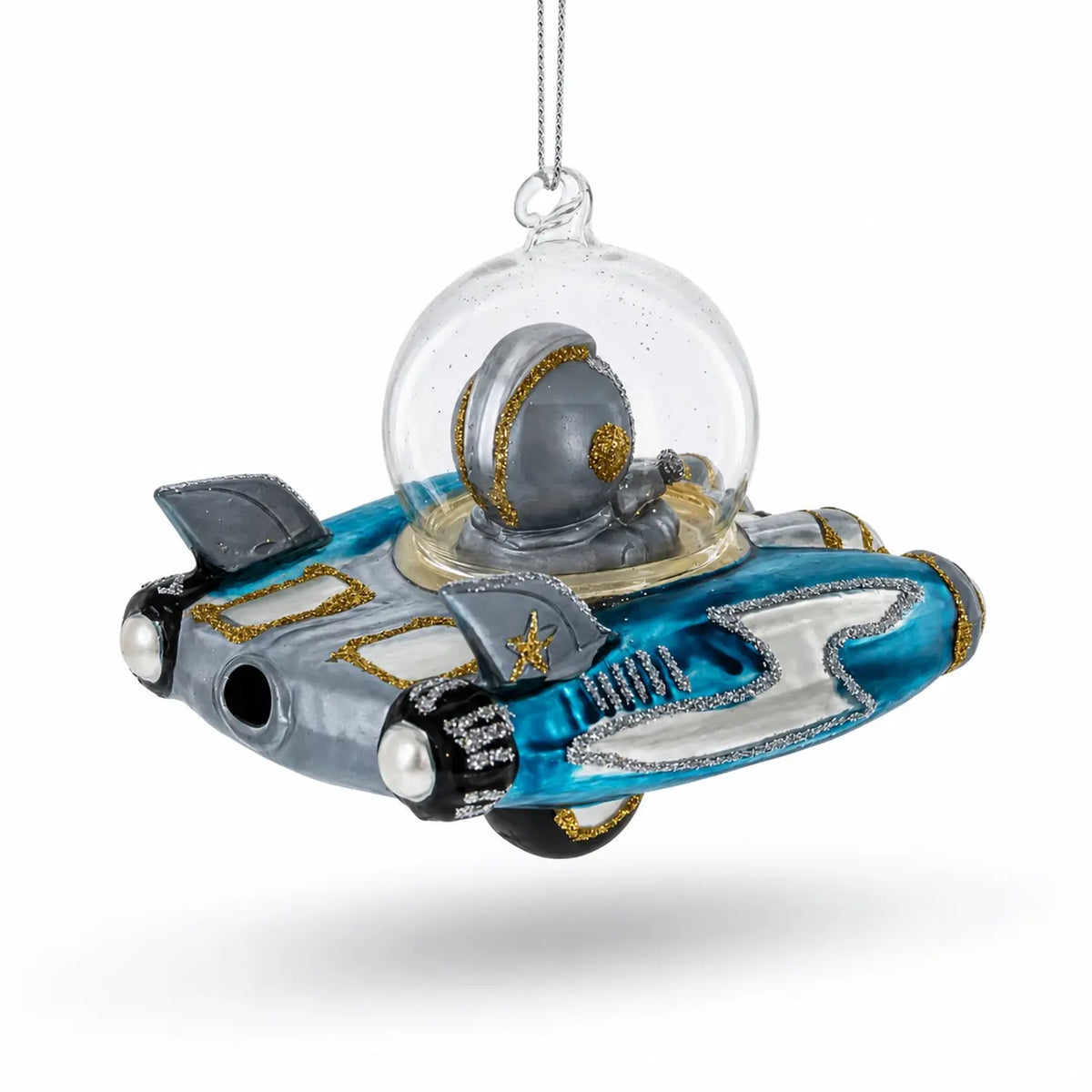 Santa riding in spaceship glass ornament handcrafted