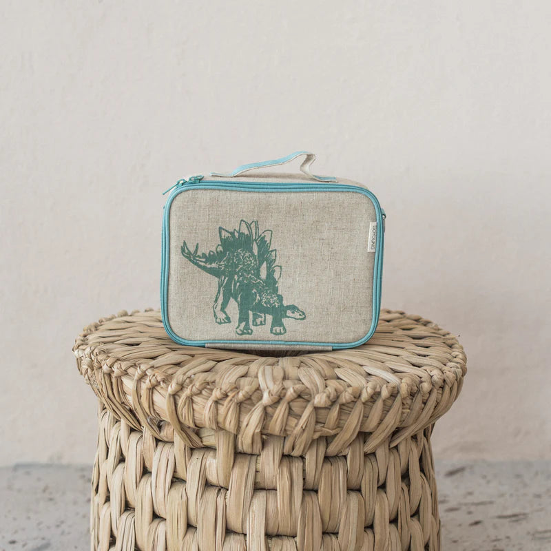 Raw Linen Insulated Lunch Box - Green Stegosaurus-Little Fish Co.