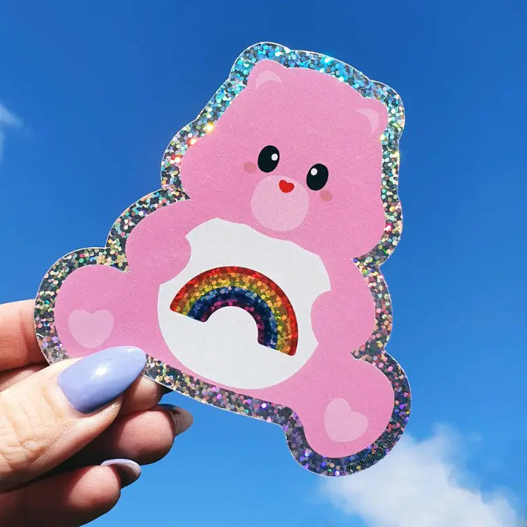 Glitter Care Bear Sticker - Sending Rainbows-Top 30 Stationary-Little Fish Co.