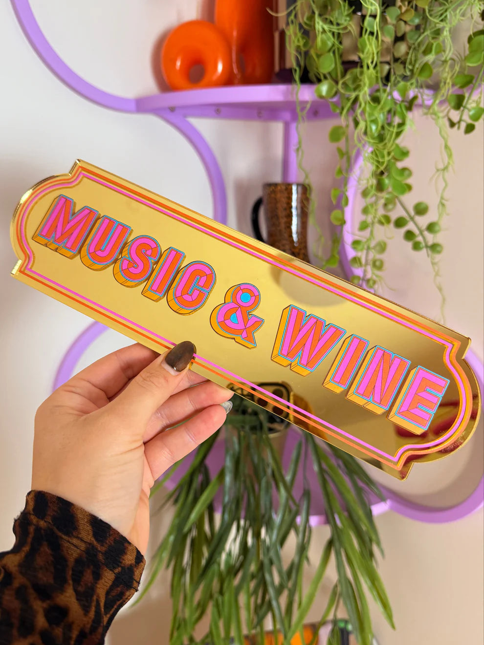 Music & Wine Rectangle Sign - Gold Medium