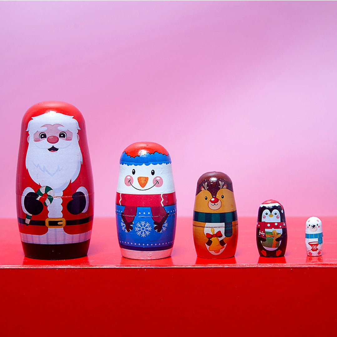 Wooden Festive Russian Dolls - Christmas theme Santa with holly-Little Fish Co.