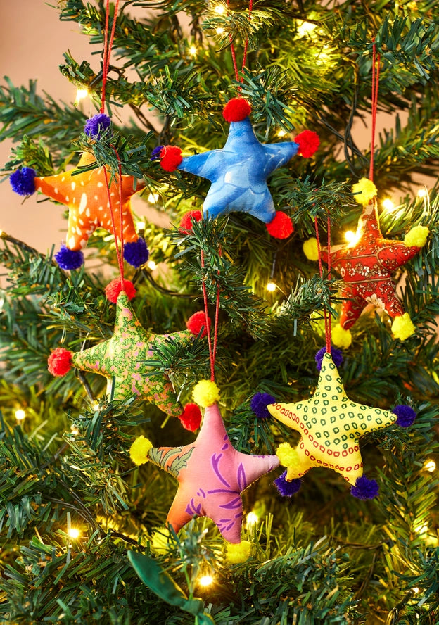 Recycled Sari Decoration - Star Pompoms-Top 30 Christmas-Little Fish Co.