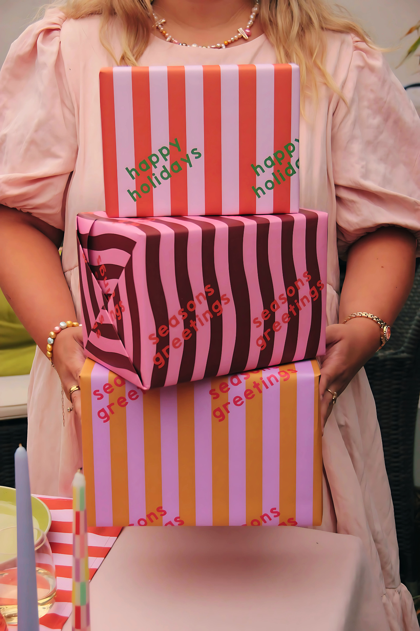Pink & Maroon 'Seasons Greetings' Gift Wrap (Ships September)-Top 30 Christmas-Little Fish Co.