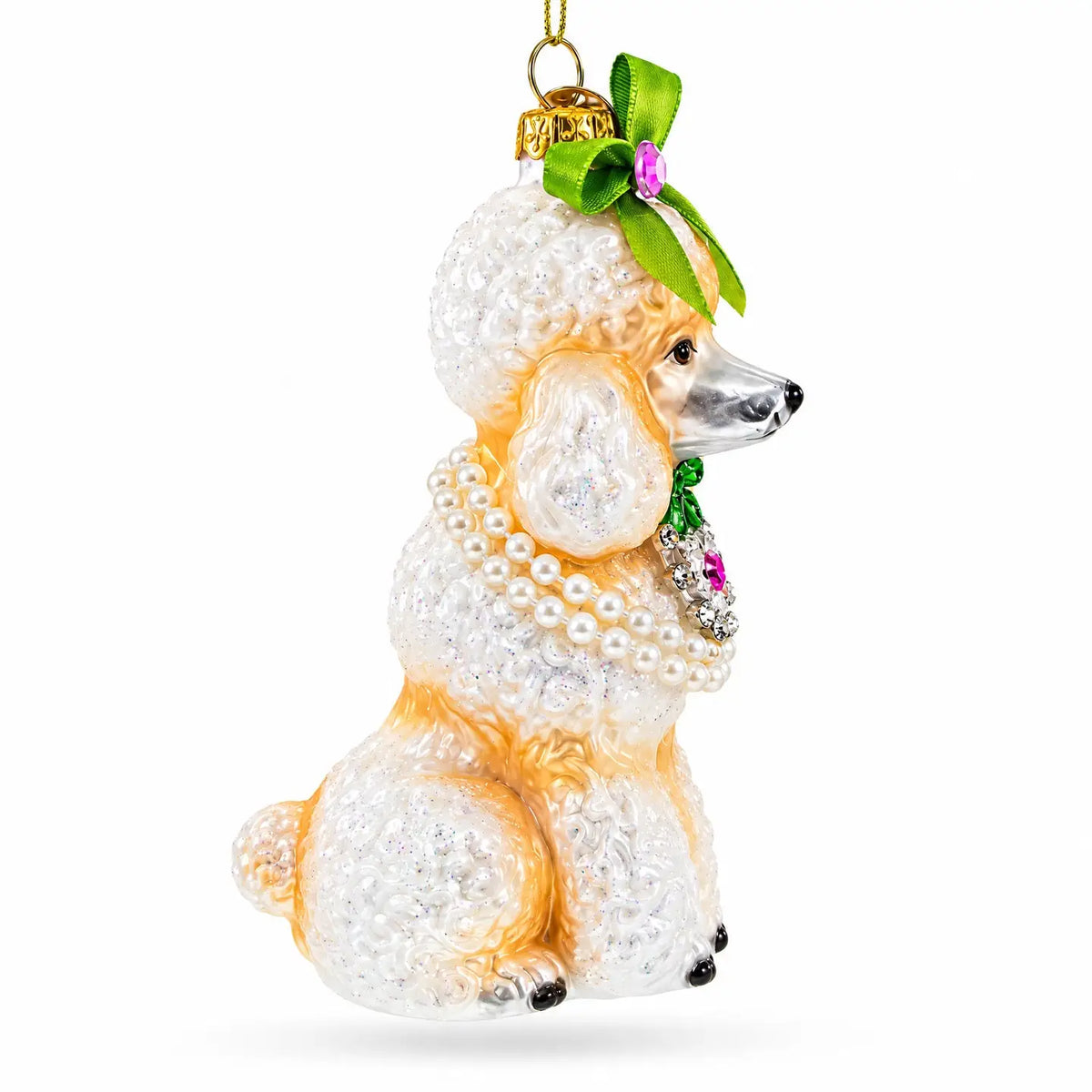 Poodle with green bow glass ornament handcrafted