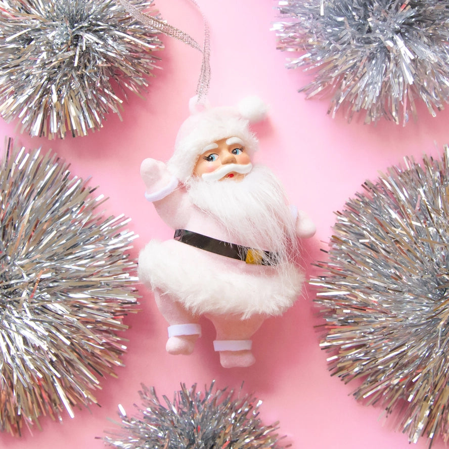 Retro Flocked Dancing Christmas Santa Ornament - Light Pink-Top 30 Christmas-Little Fish Co.