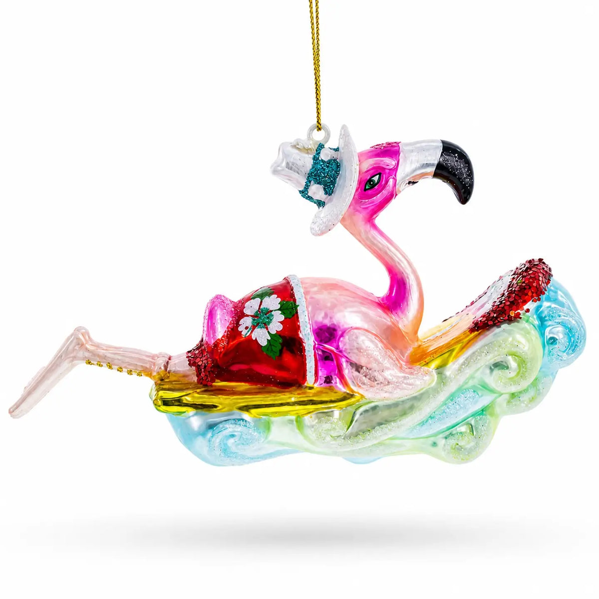 Pink Flamingo riding waves glass ornament handcrafted