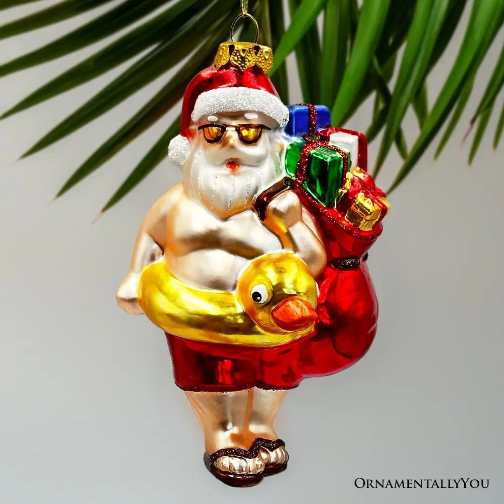 Santa on Holiday glass ornament Handcrafted