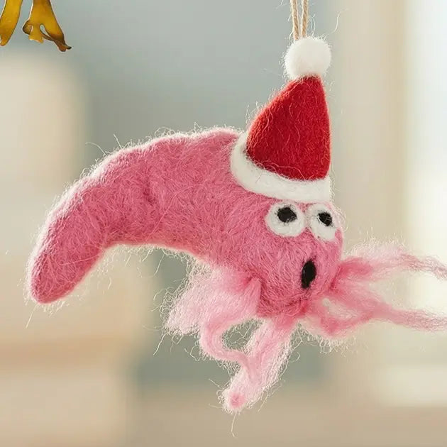 Handmade felt festive prawn ornament