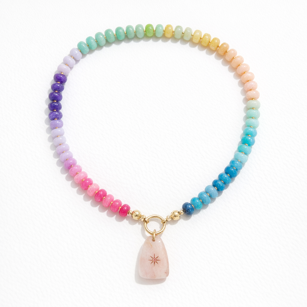 Bright Natural Stone beaded Necklace - Pink Quartz