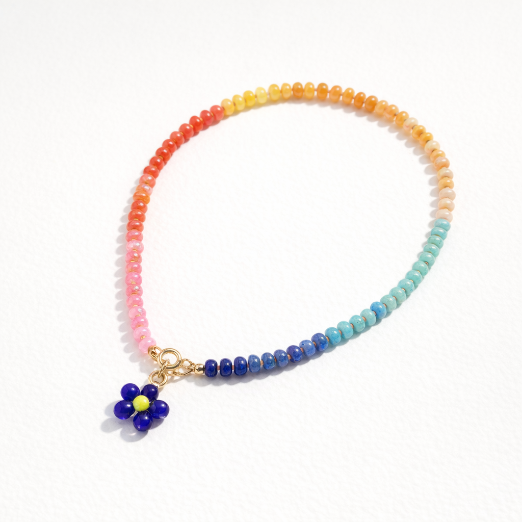 Bright Natural Stone Beaded Necklace - Blue Flower / Yellow Centre