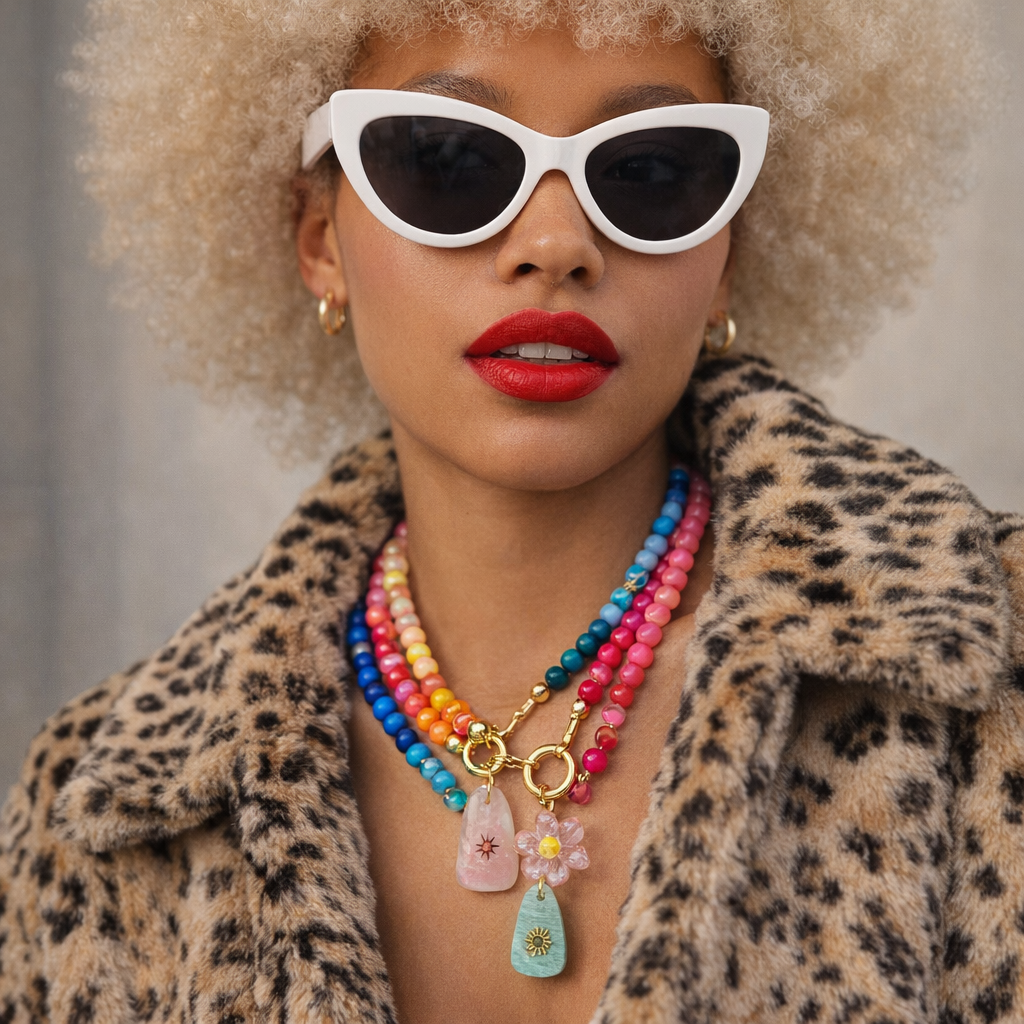 Bright Natural Stone beaded Necklace - Pink Quartz