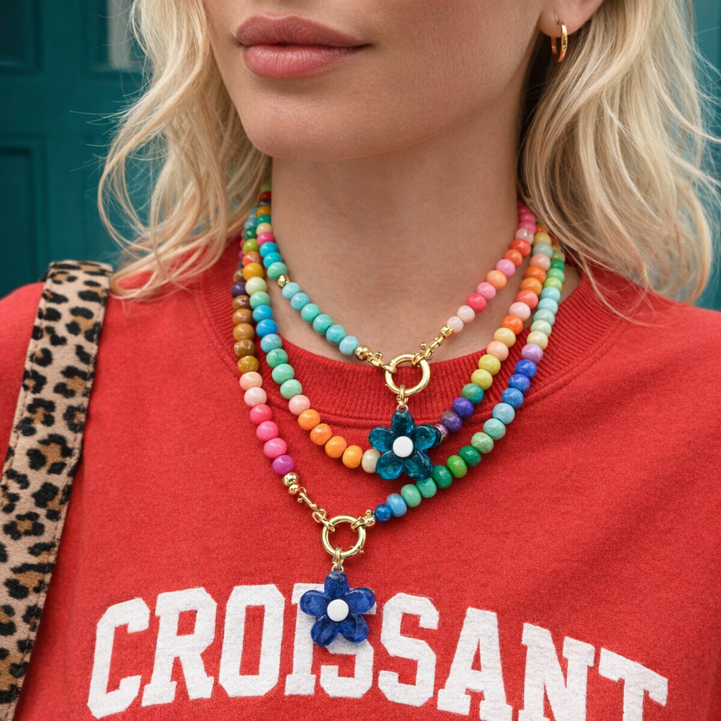 Bright Natural Stone Beaded Necklace - Blue Flower / Yellow Centre