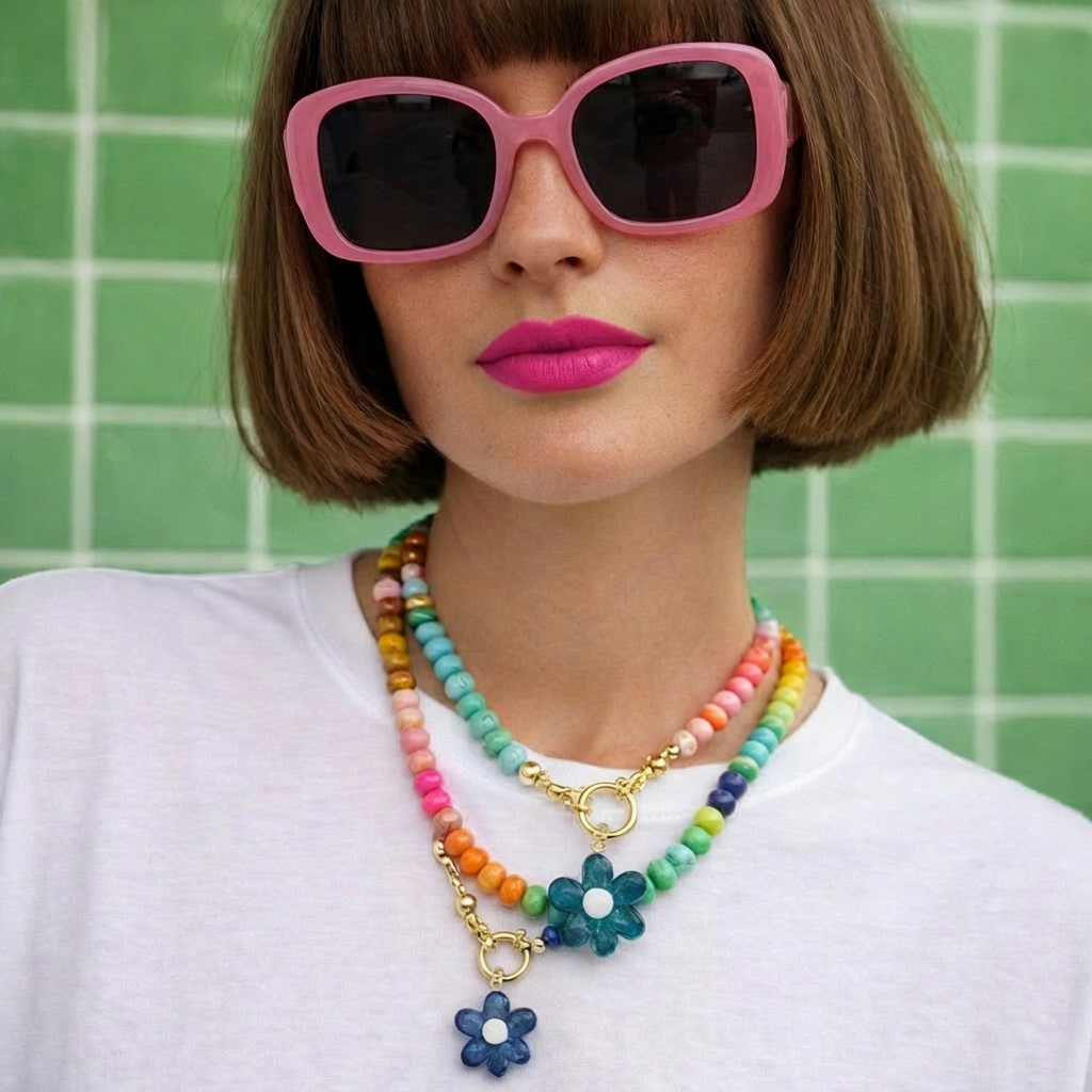 Bright Natural Stone Beaded Necklace - Blue Flower / Yellow Centre