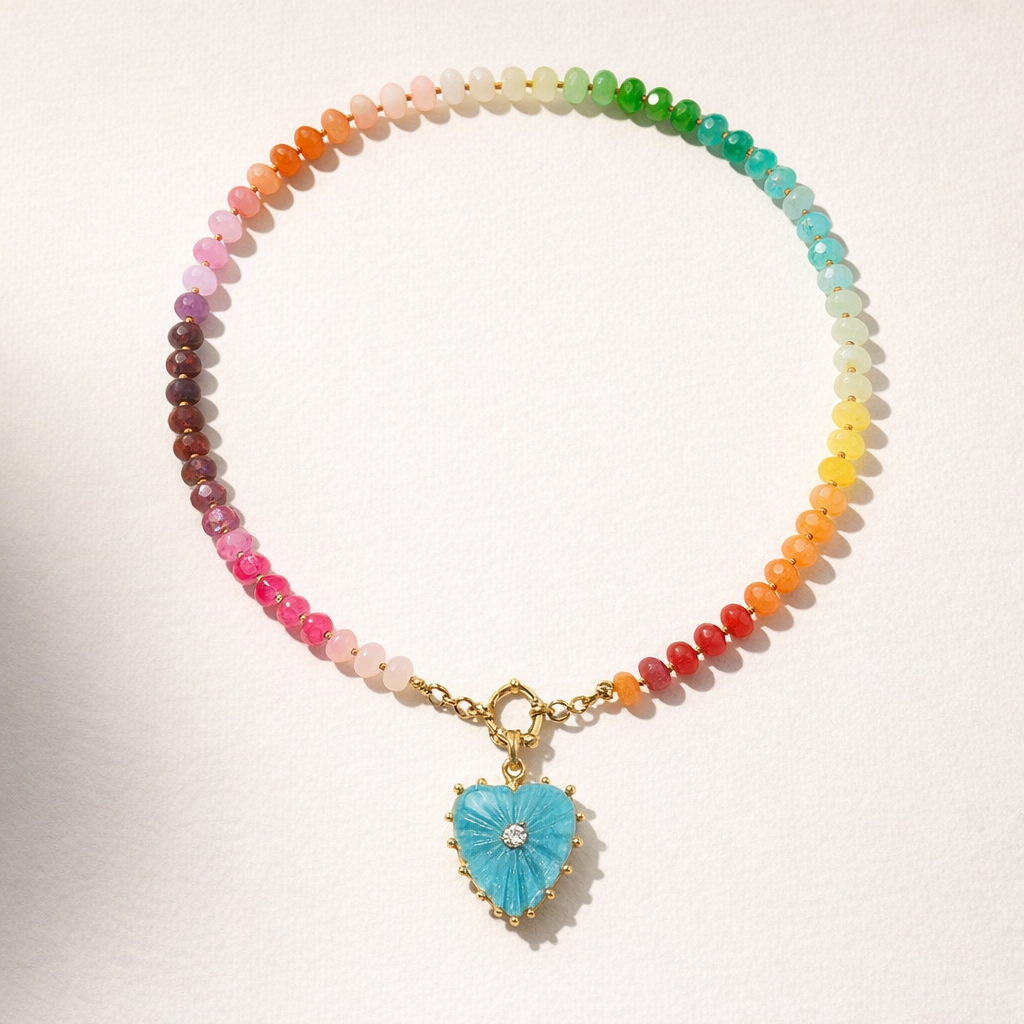 Gold Plated glass bead necklace with heart pendant - Blue