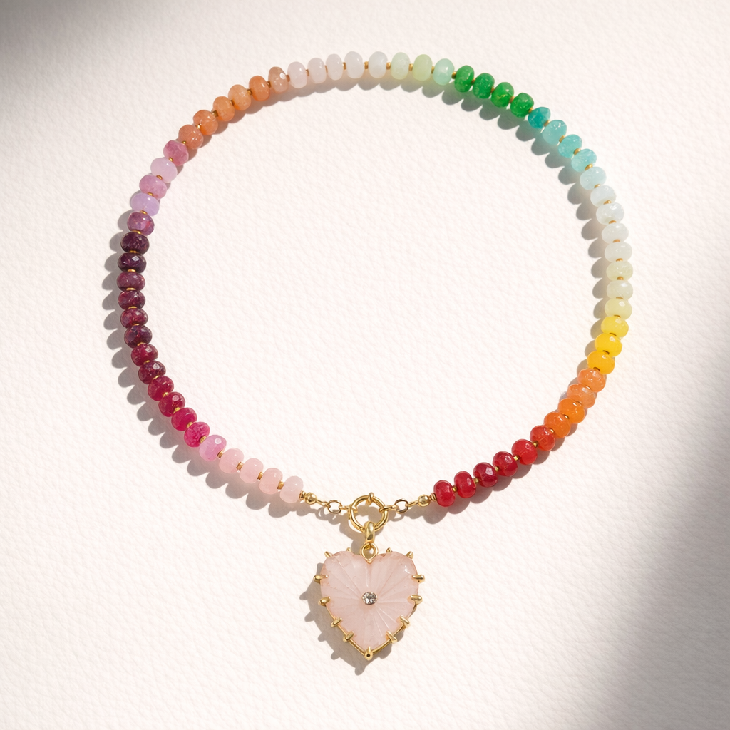 Gold Plated glass bead necklace with heart pendant - Pink