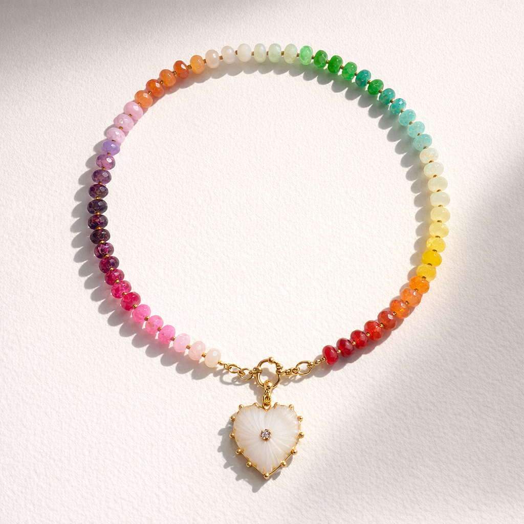 Gold Plated glass bead necklace with heart pendant - white