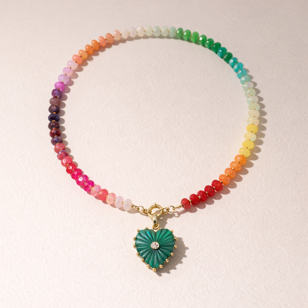 Gold Plated glass bead necklace with heart pendant - Green