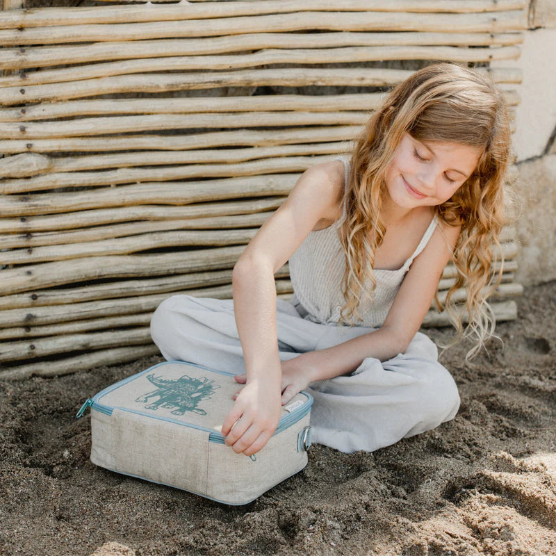 Raw Linen Insulated Lunch Box - Green Stegosaurus-Little Fish Co.