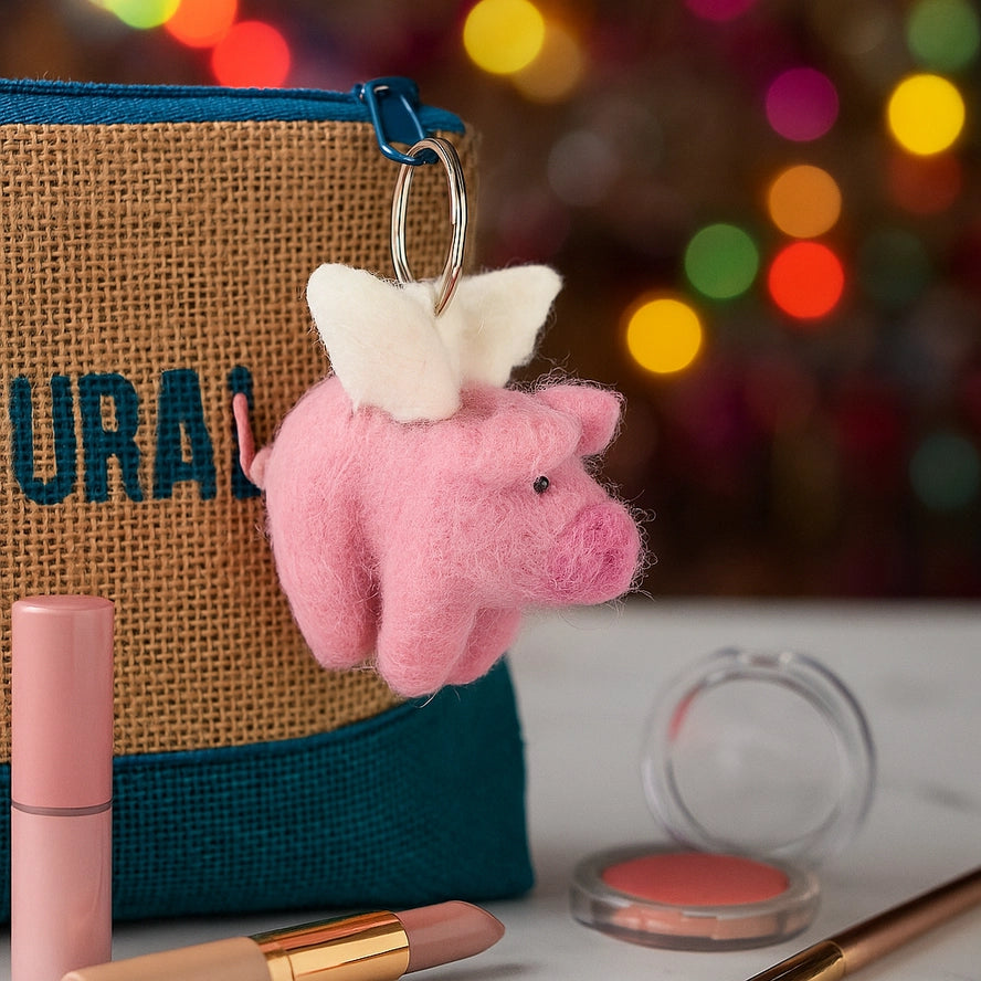 Handmade Fair Trade Needle Felt Flying Pig Keyring-Little Fish Co.