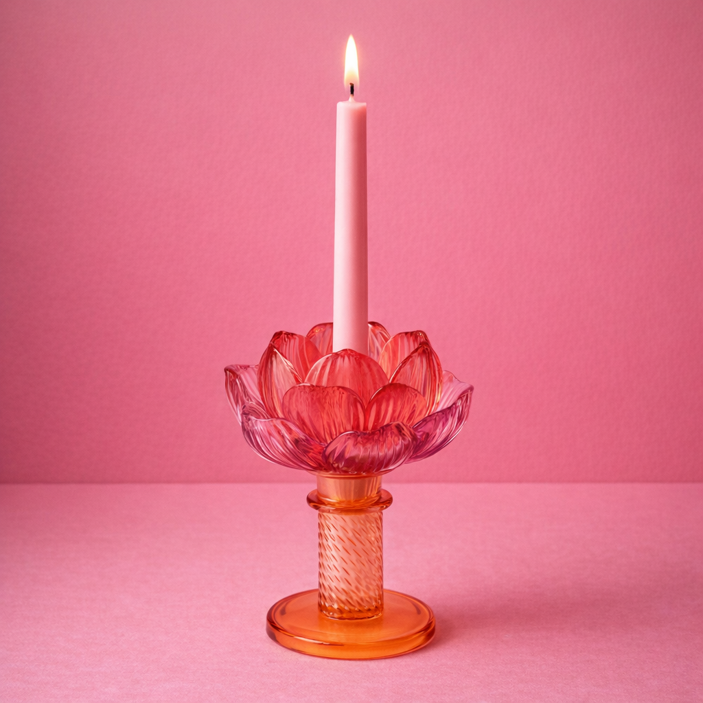 Pink Flower glass candle holder