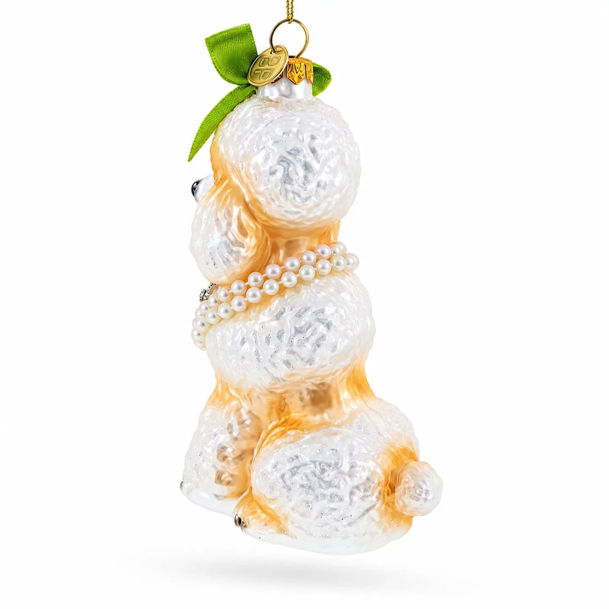 Poodle with green bow glass ornament handcrafted