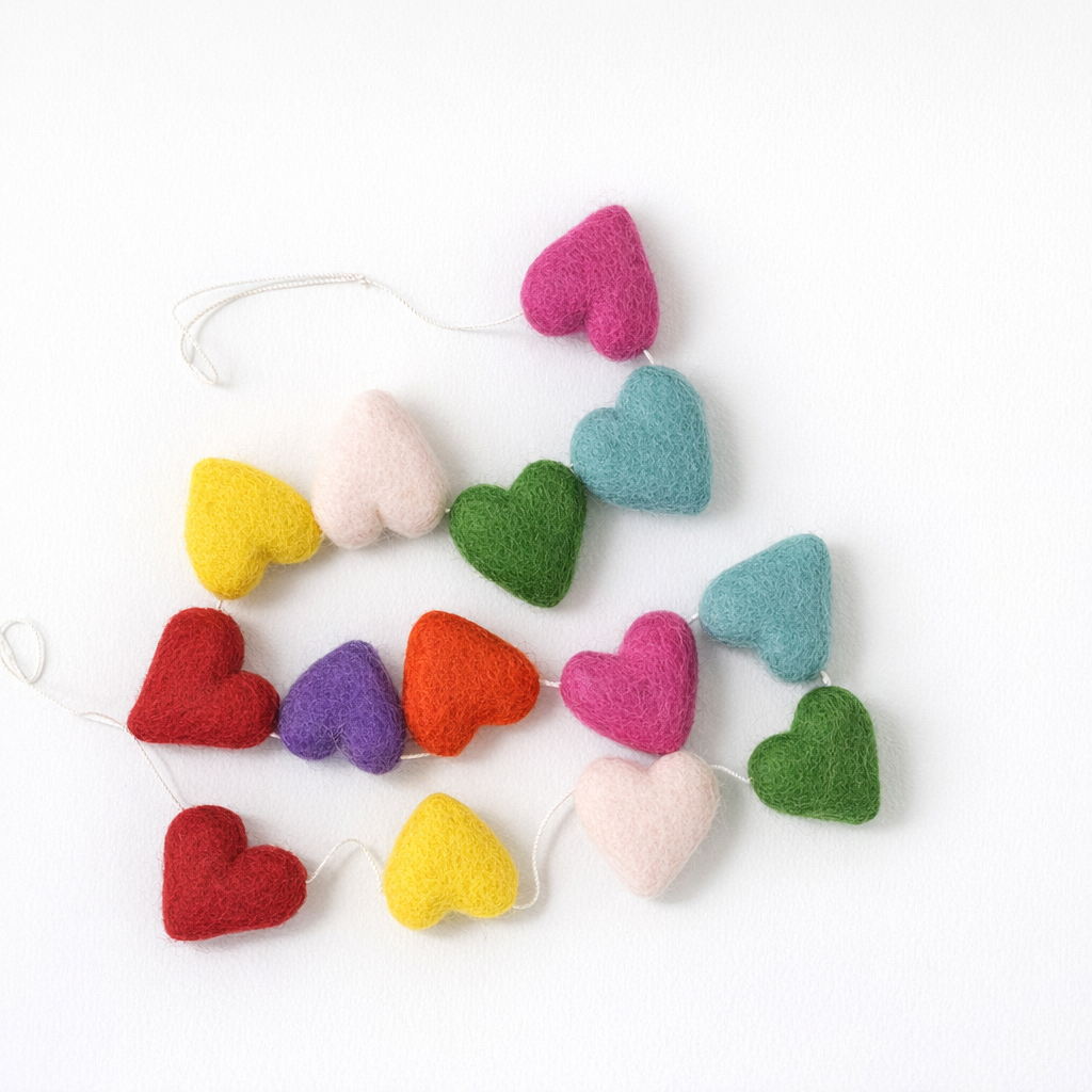 100% Wool Felt Heart Garland - selected colours