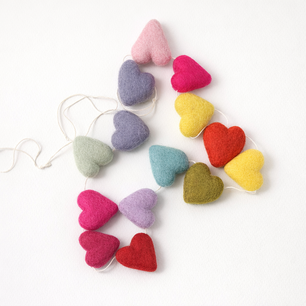 100% Wool Felt Heart Garland - selected colours