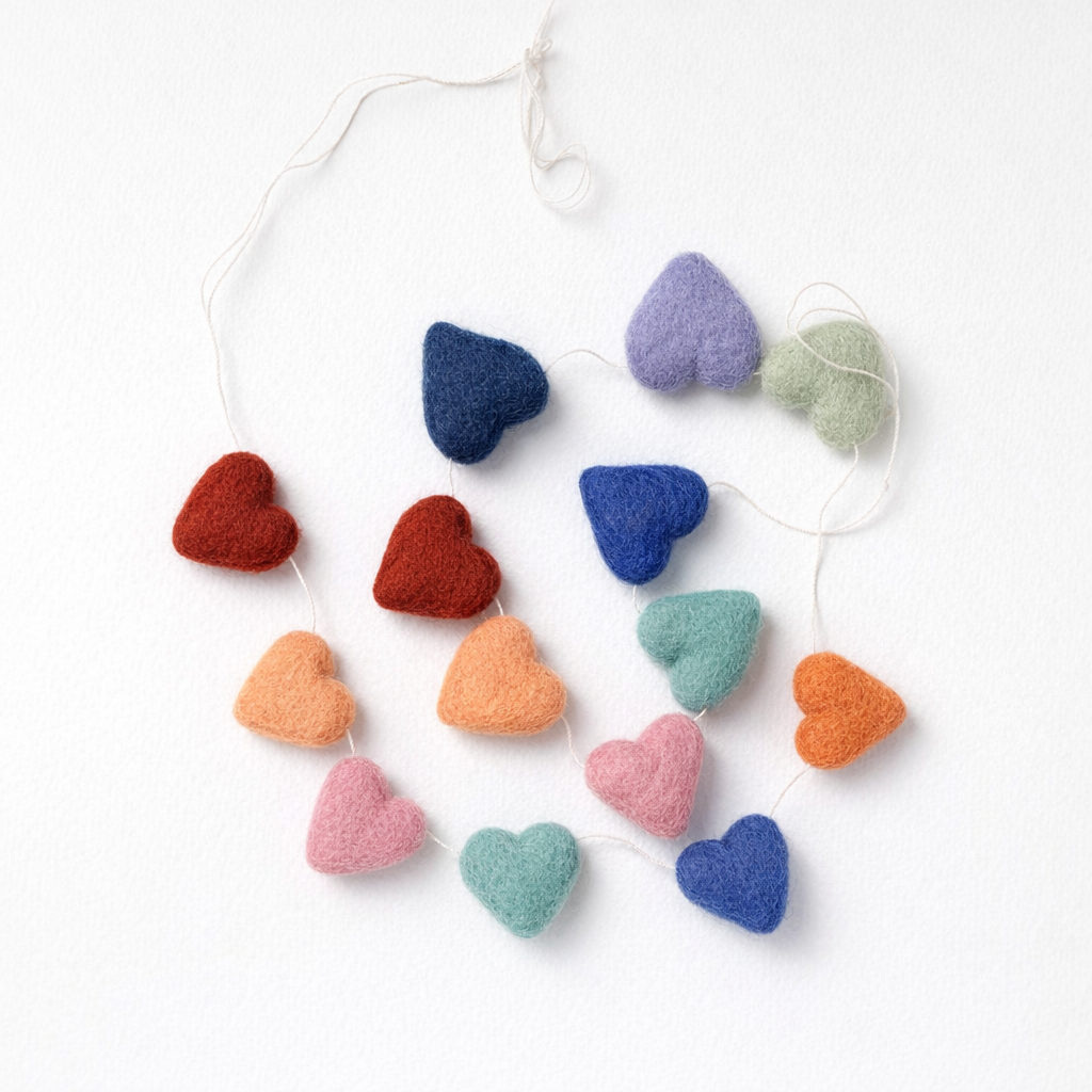 100% Wool Felt Heart Garland - selected colours