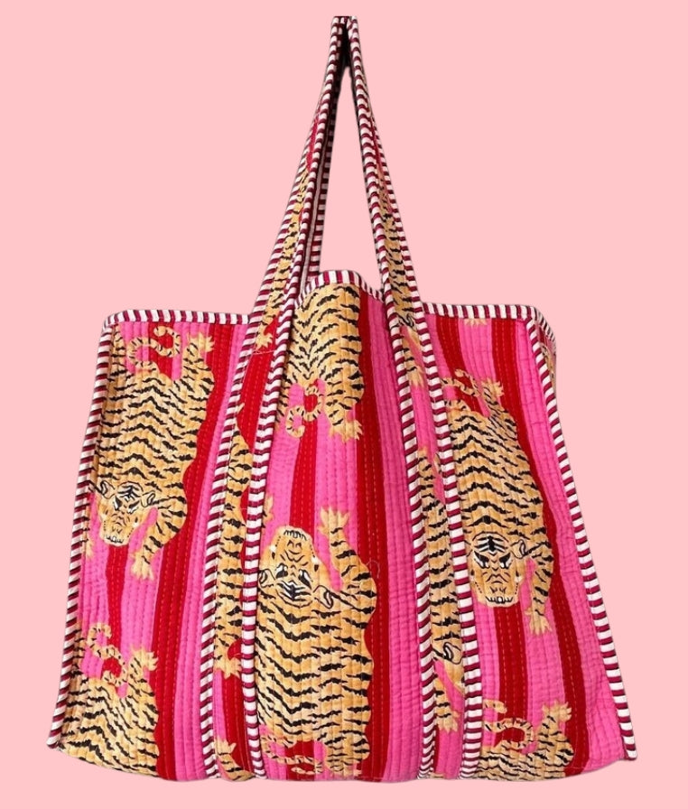 Indian Handmade Quilted Tote Shoulder Bag Pink-New Arrivals 2025-Little Fish Co.