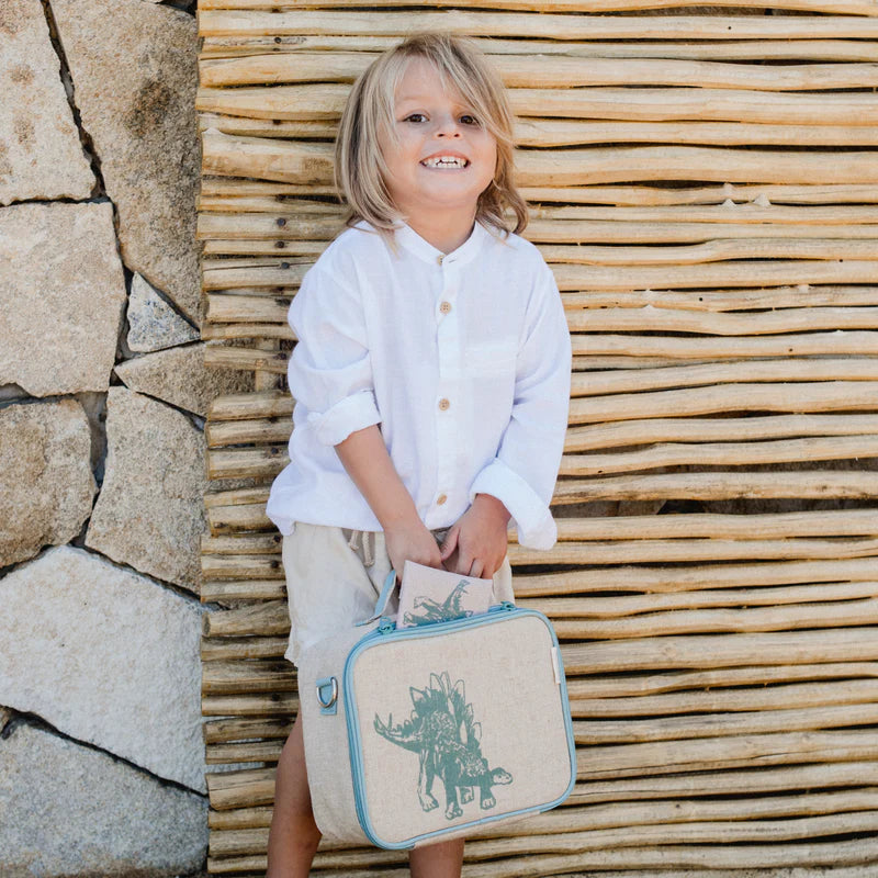 Raw Linen Insulated Lunch Box - Green Stegosaurus-Little Fish Co.