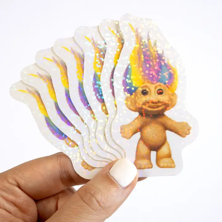 90s Toy Nostalgia - Rainbow Troll Doll Vinyl Glitter sticker-New Arrivals 2025-Little Fish Co.