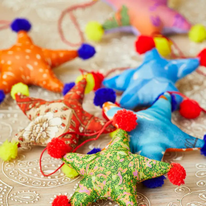 Recycled Sari Decoration - Star Pompoms-Top 30 Christmas-Little Fish Co.