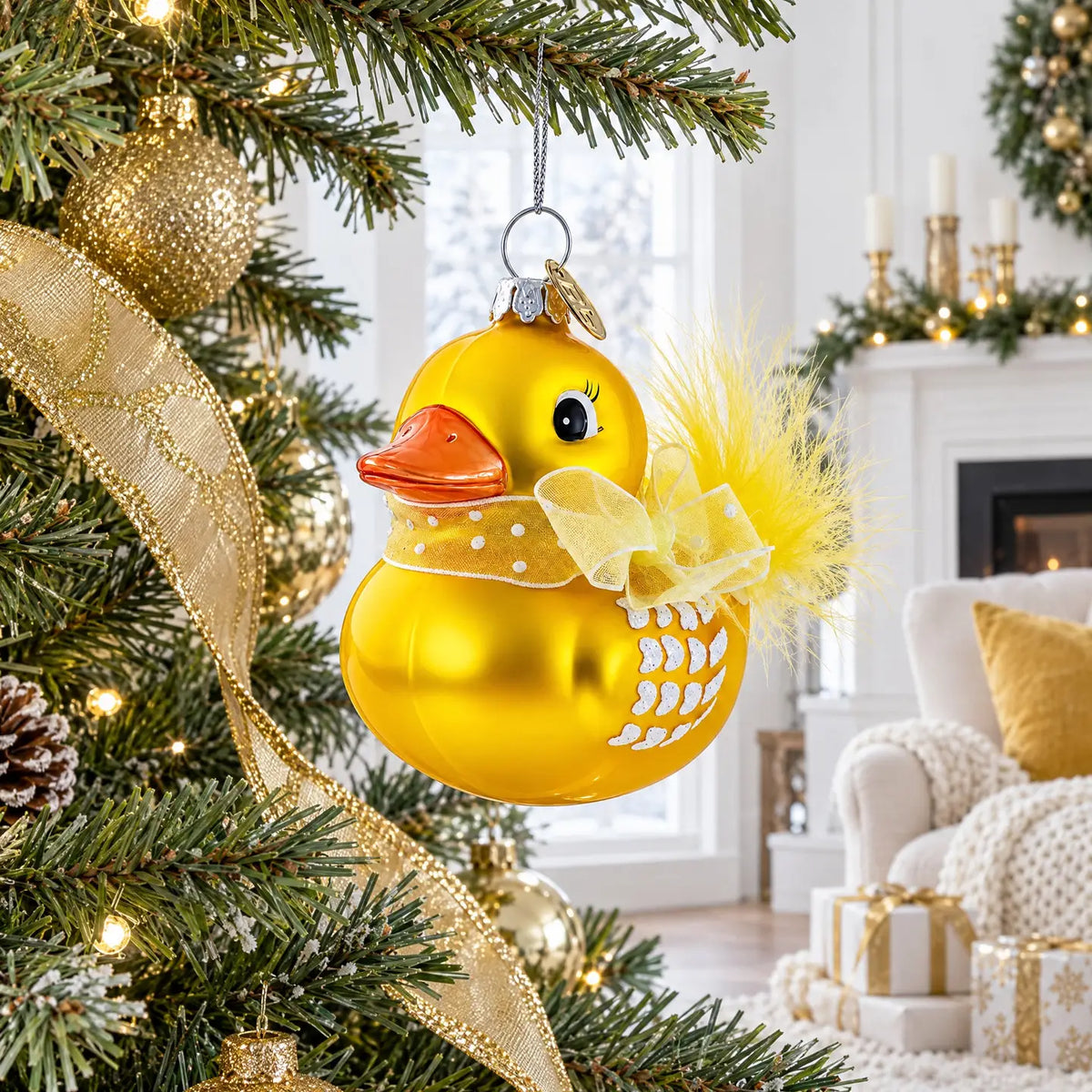Yellow Duck with bow  glass ornament handcrafted