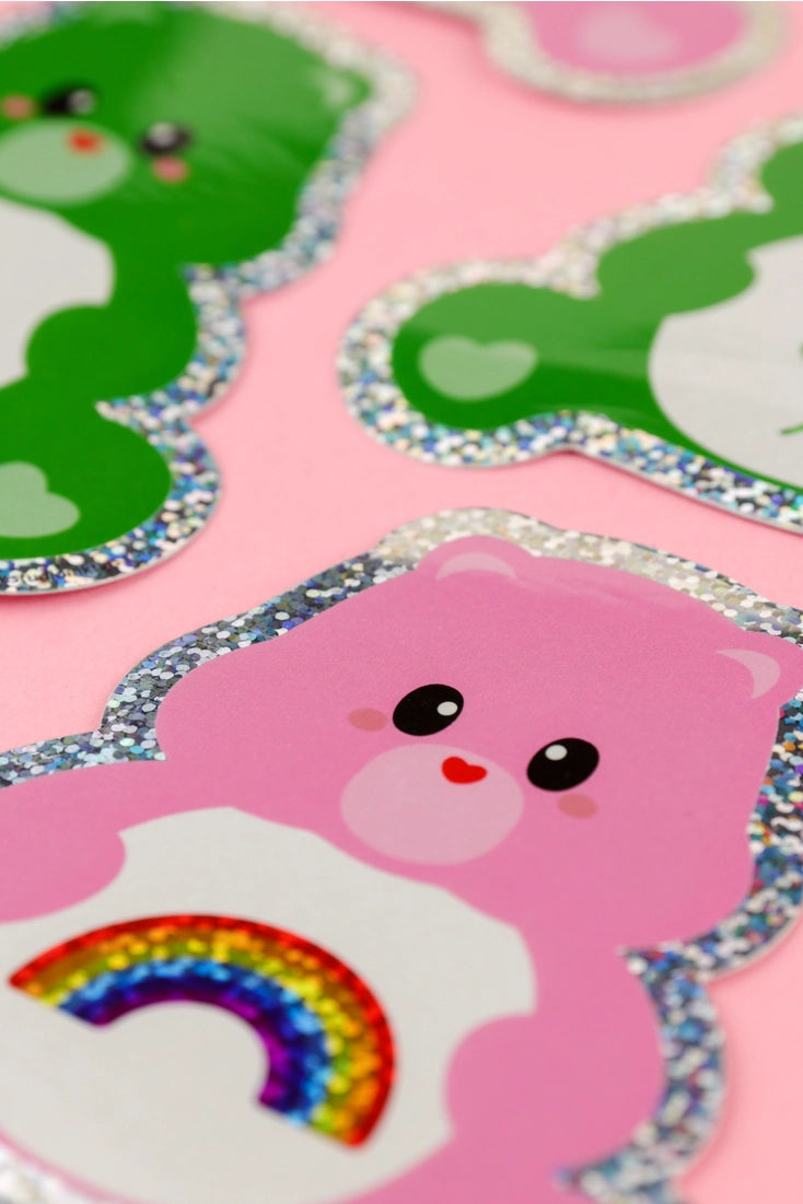 Green Glitter Care Bear Sticker - Good luck-Top 30 Stationary-Little Fish Co.