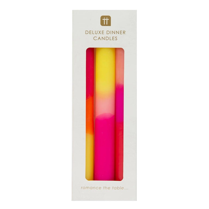 3 Tone Ombre Pink, Yellow & Orange Dinner Candles - 3 Pack