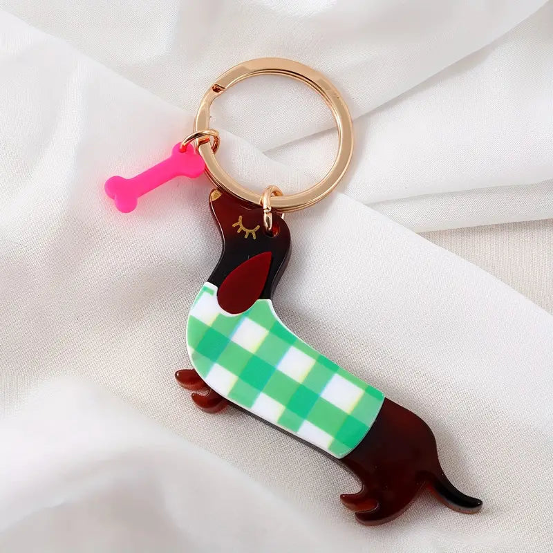 Acrylic dachshund Keyring - green jumper-Fun-Little Fish Co.