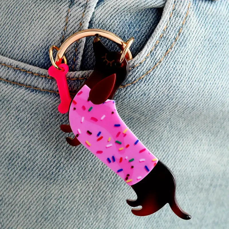 Acrylic dachshund Keyring - pink confetti jumper-Fun-Little Fish Co.