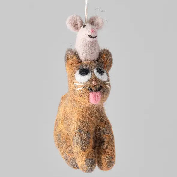Handmade Felt Clint cat with mouse Hanging Ornament-Top 30 Christmas-Little Fish Co.