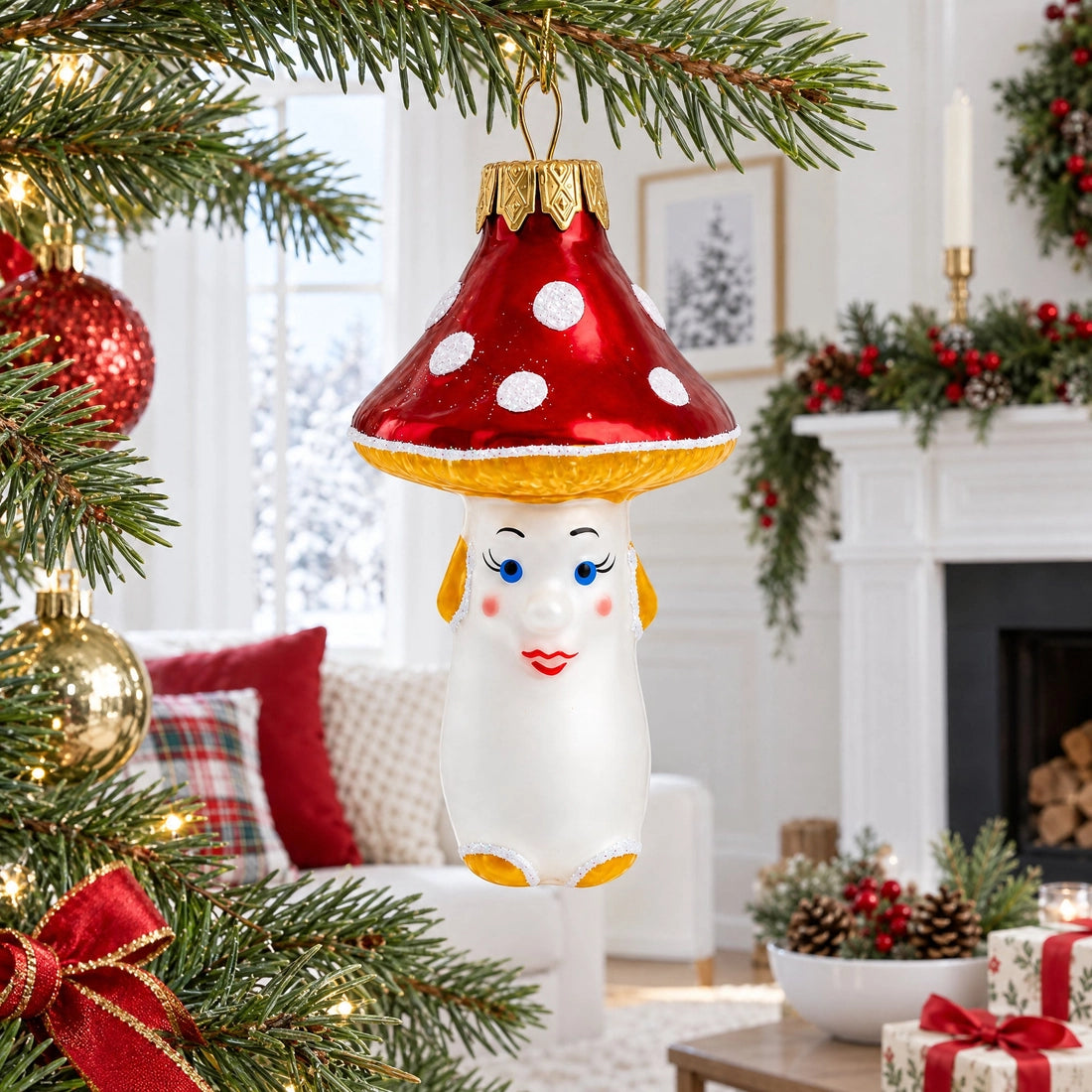 Mushroom with red hat glass ornament handcrafted