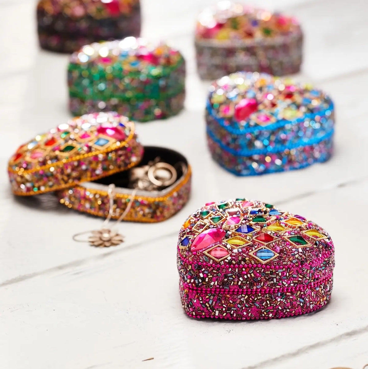 Heart Bead & Sequin Velvet Lined Trinket Box