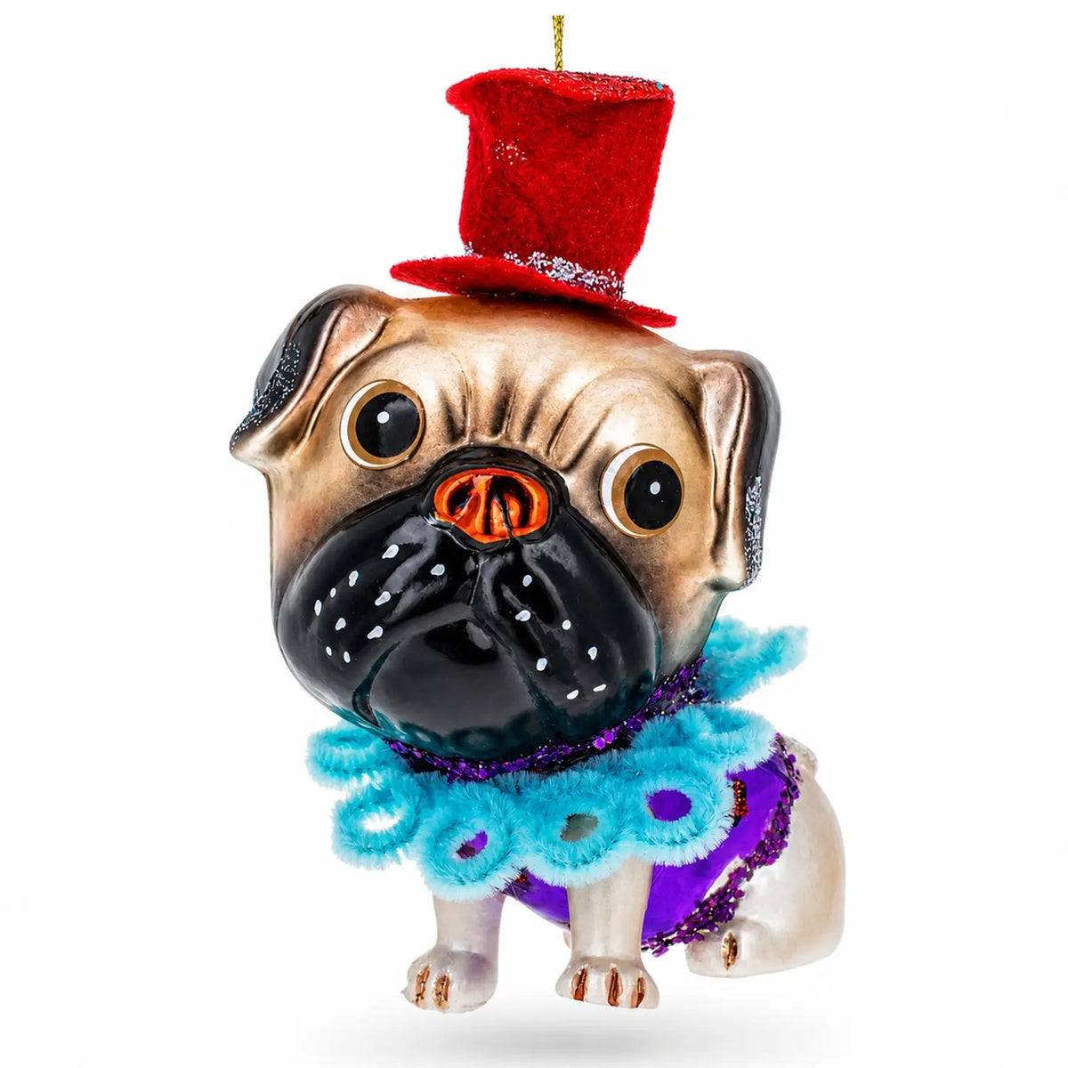 Pug in festive hat glass ornament handcrafted