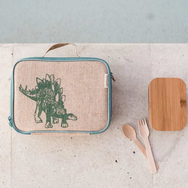 Raw Linen Insulated Lunch Box - Green Stegosaurus-Little Fish Co.