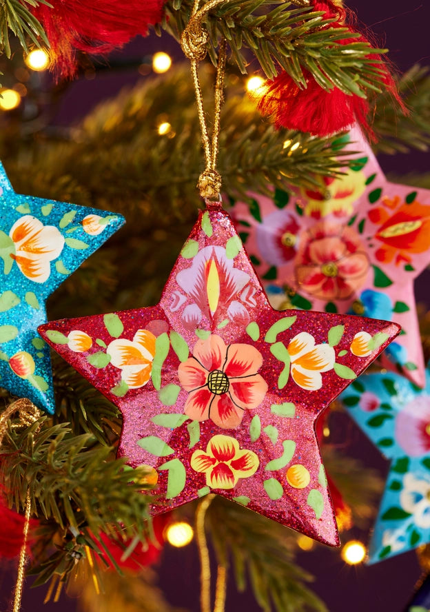 Kashmiri Floral Star Handpainted Christmas Decoration-Top 30 Christmas-Little Fish Co.