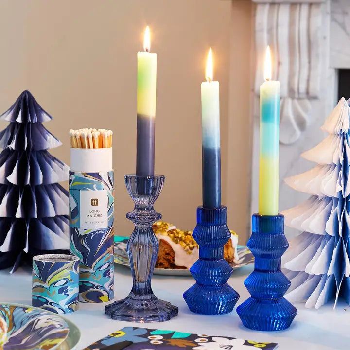 Blue ribbed Glass candle holder-Top 30 Christmas-Little Fish Co.