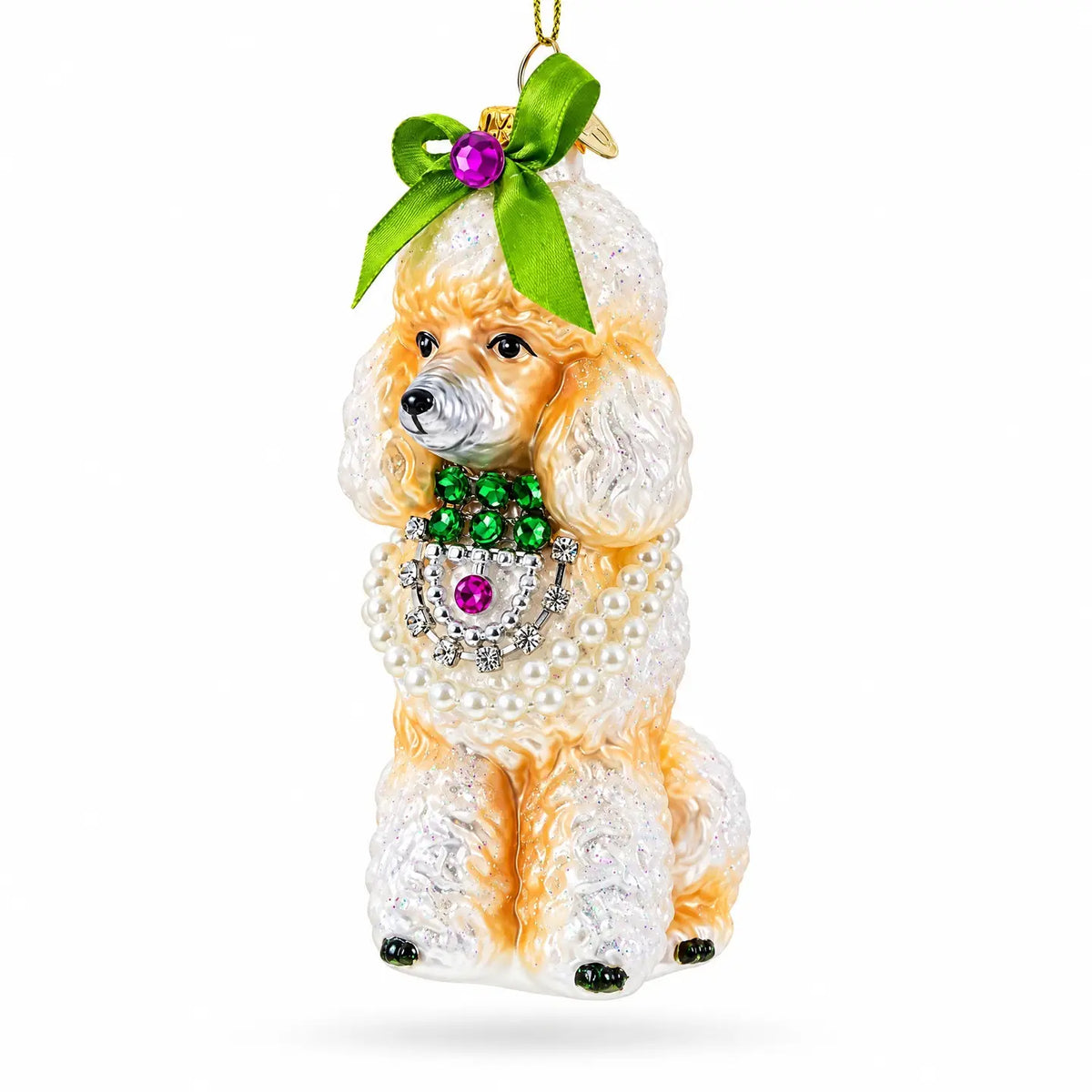 Poodle with green bow glass ornament handcrafted