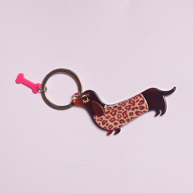 Acrylic dachshund Keyring - leopard print jumper-Fun-Little Fish Co.