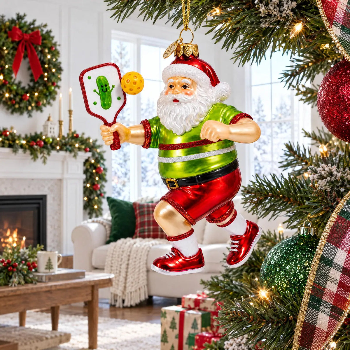 Pickleball Santa glass ornament handcrafted