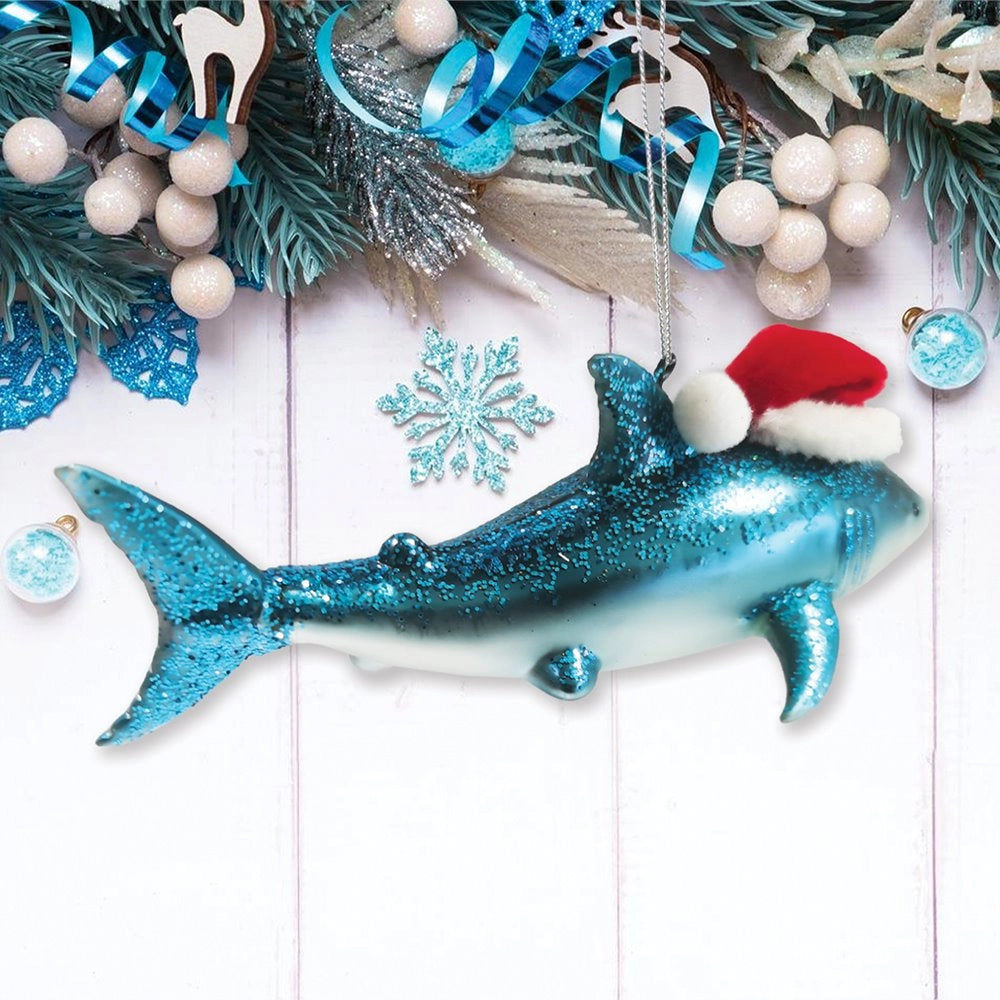 Shark with Santa hat glass ornament Handcrafted
